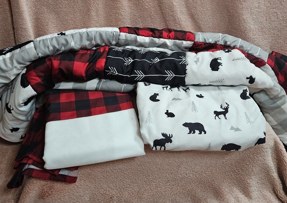 The Peanutshell Buffalo Plaid Woodland Moose Bear Patchwork Baby Crib Quilt Set